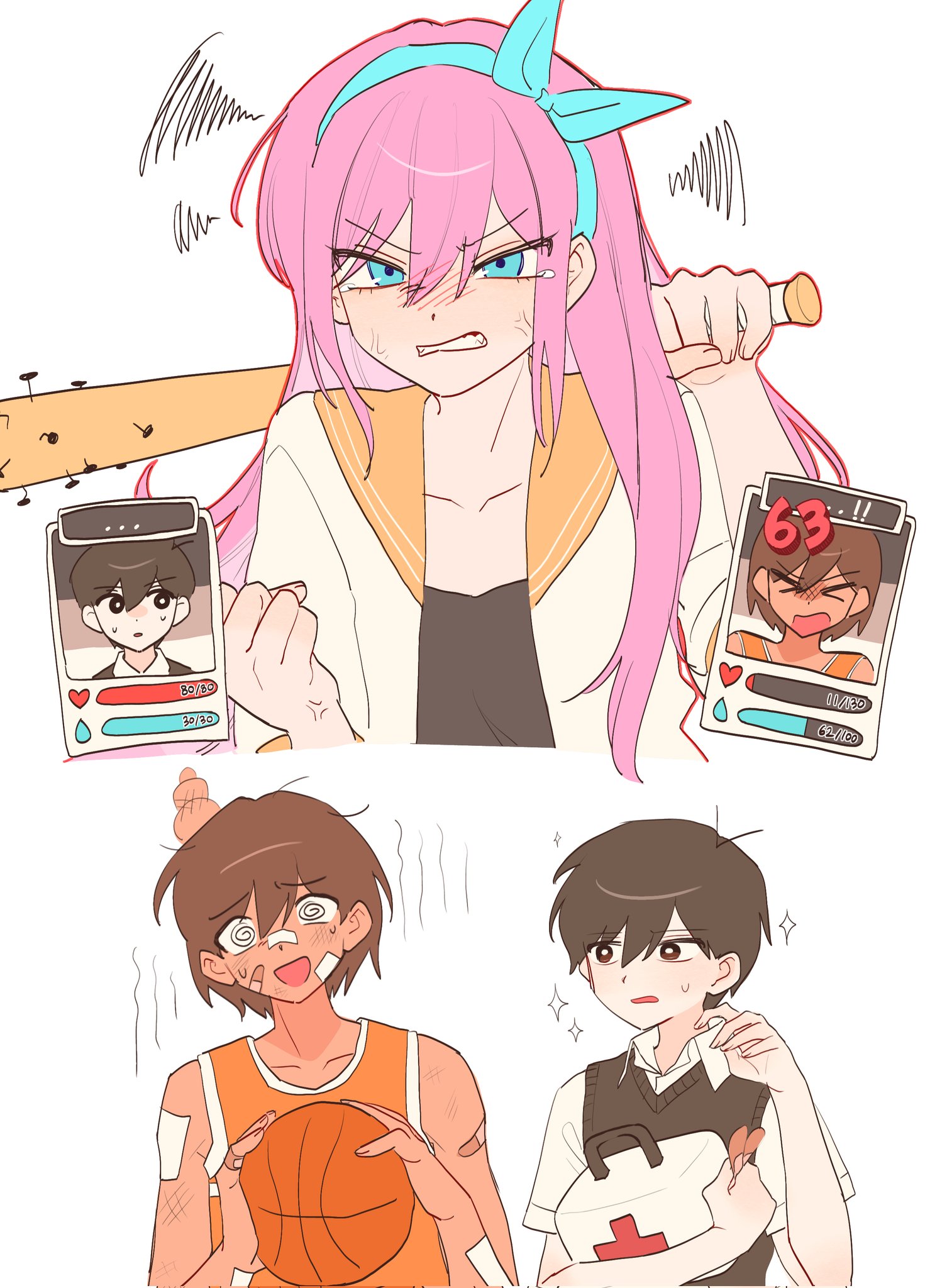 iomor snuuy, aubrey (faraway) (omori), aubrey (omori), kel (faraway) (omori), kel (omori), sunny (omori), omori, corrupted twitter file, highres, > <, 1girl, 2boys, @ @, anger vein, ball, bandaid, bandaid on arm, bandaid on finger, baseball bat, basketball (object), black eyes, black hair, blue eyes, blue hairband, bright pupils, brown hair, clenched hand, clenched teeth, closed eyes, collarbone, dark-skinned male, dark skin, double-parted bangs, first aid kit, hair between eyes, hairband, health bar, holding, holding ball, holding bandaid, holding baseball bat, holding first aid kit, jacket, long hair, looking at another, multiple boys, nail (hardware), nail bat, open mouth, pink hair, short hair, simple background, sparkle, teeth, white background, white jacket, white pupils