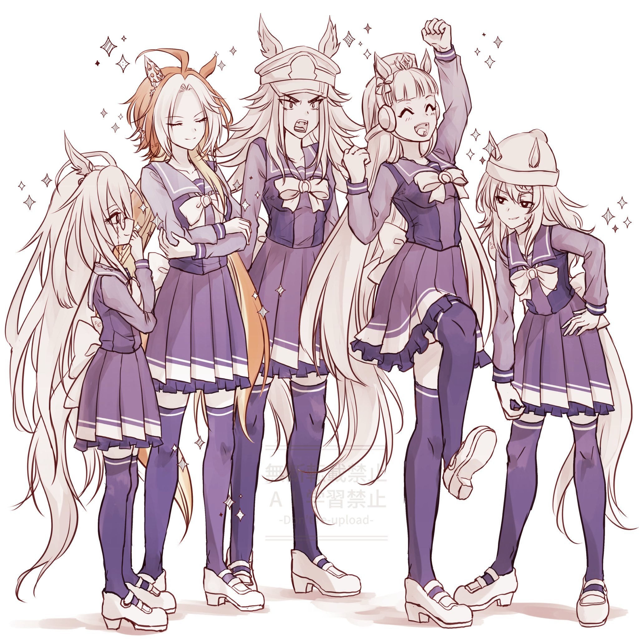 yue (lov n n), dream journey (umamusume), fenomeno (umamusume), gold ship (umamusume), nakayama festa (umamusume), orfevre (umamusume), umamusume, highres, 5girls, ahoge, animal ears, beanie, blunt bangs, bow, breasts, brown hair, closed eyes, closed mouth, ear bow, ear covers, ear ornament, ears through headwear, flipped hair, glasses, hair between eyes, hair intakes, hat, horse ears, horse girl, horse tail, long hair, long sleeves, multicolored hair, multiple girls, open mouth, orange hair, partially colored, peaked cap, pillbox hat, purple bow, purple sailor collar, purple serafuku, purple shirt, purple skirt, purple thighhighs, sailor collar, sailor shirt, school uniform, serafuku, shirt, simple background, single ear cover, skirt, smile, star (symbol), stay gold clan (umamusume), tail, thighhighs, tracen school uniform, two-tone hair, very long hair, white background, white hair, white skirt