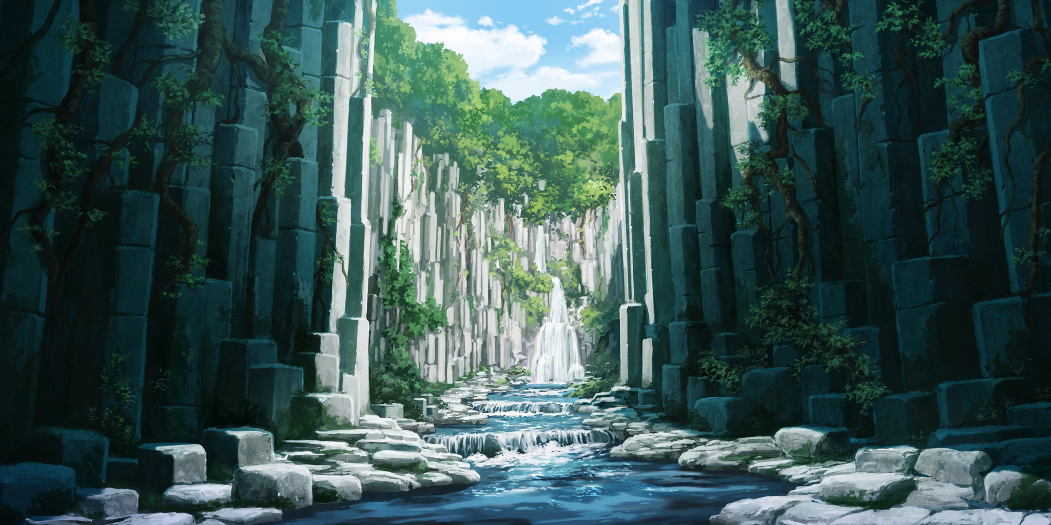 touhou, touhou lostword, artist request, game cg, highres, third-party source, cloud, columnar jointing, day, forest, genbu ravine, nature, no humans, outdoors, ravine, scenery, water