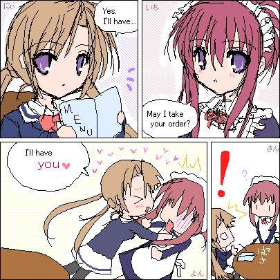 chikage (sister princess), sakuya (sister princess), sister princess, lowres, 00s, 2girls, comic, english text, maid, menu, multiple girls, oekaki, pantyhose, purple eyes, waitress, yuri