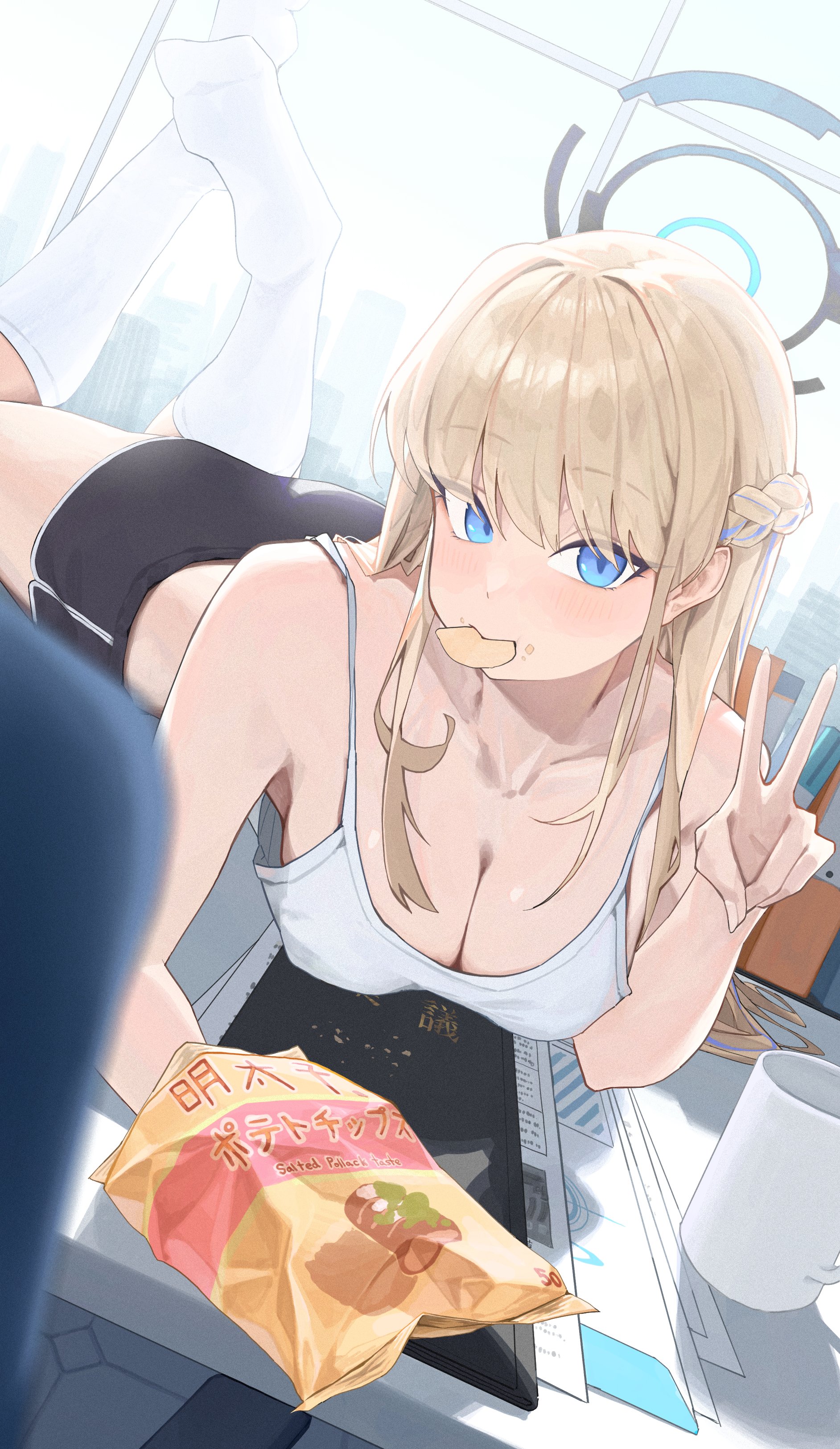 hokori1207, toki (blue archive), blue archive, absurdres, highres, 1girl, ass, bag of chips, black shorts, blonde hair, blue eyes, blue halo, blurry, blurry foreground, breasts, camisole, chips (food), cleavage, collarbone, cup, dolphin shorts, dutch angle, eating, food, halo, hand up, indoors, long hair, looking at viewer, lying, medium breasts, mouth hold, on stomach, on table, recruitment (blue archive), short shorts, shorts, socks, solo, table, the pose, v, white camisole, white socks, window