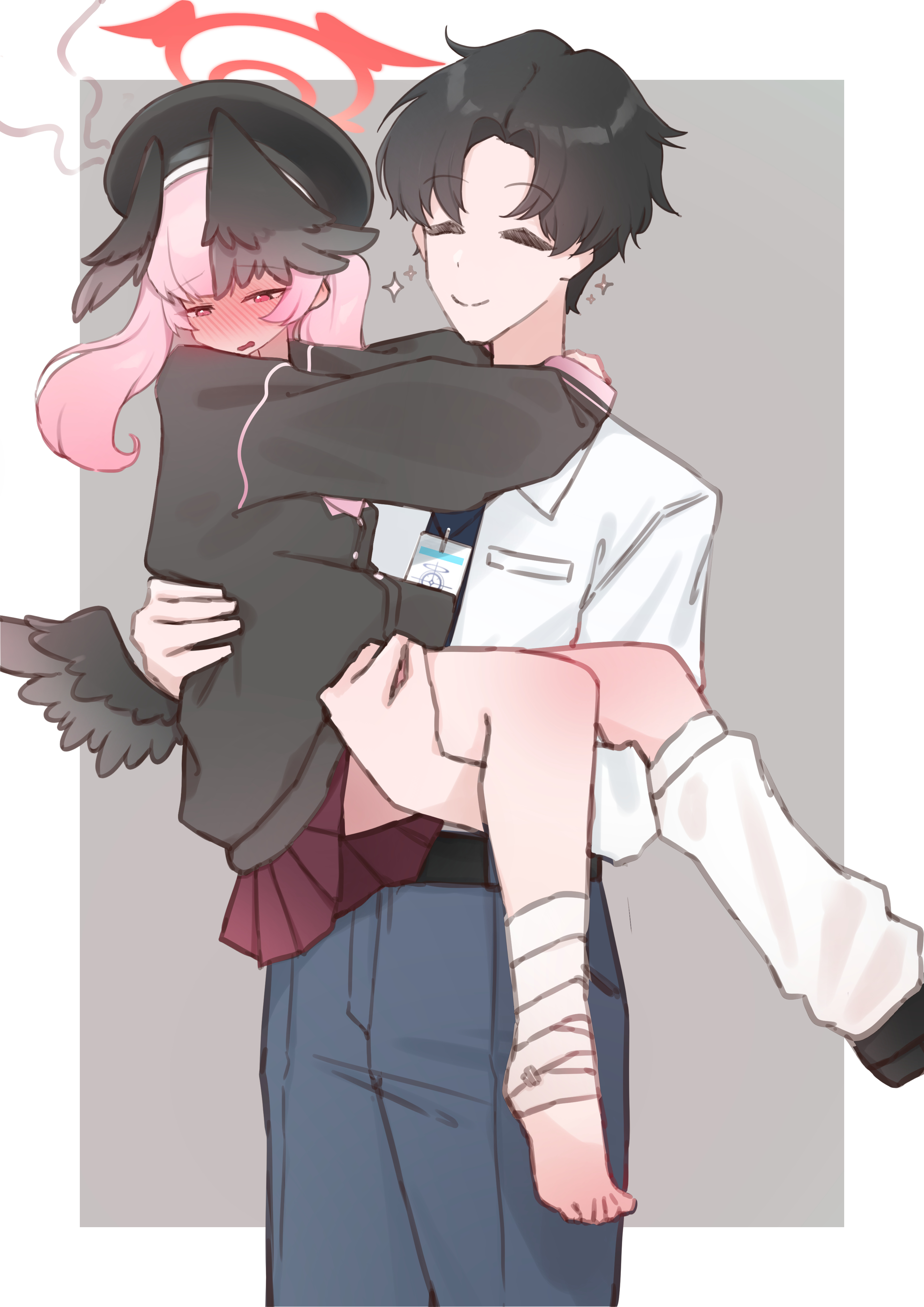 nya (xduy2738), koharu (blue archive), sensei (blue archive), sensei (blue archive the animation), blue archive, absurdres, commentary, highres, 1boy, 1girl, ^ ^, averting eyes, bandaged leg, bandages, beret, black cardigan, black hair, black hat, black wings, blush, cardigan, carrying, closed eyes, embarrassed, feathered wings, halo, hat, head steam, head wings, hetero, lanyard, loose socks, nose blush, pink hair, princess carry, single bare foot, socks, sparkle, toes, twintails, white socks, wings