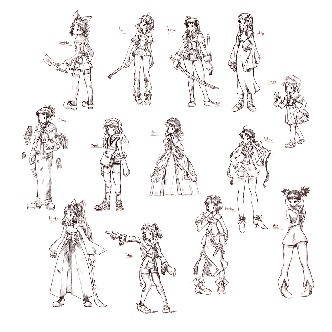 aria (sister princess), chikage (sister princess), haruka (sister princess), hinako (sister princess), kaho (sister princess), karen (sister princess), mamoru (sister princess), marie (sister princess), sakuya (sister princess), shirayuki (sister princess), yotsuba (sister princess), final fantasy, final fantasy tactics, sister princess, 6+girls, everyone, greyscale, monochrome, multiple girls, parody, style parody