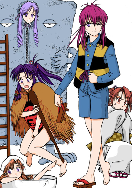 nero (gahaku), aria (sister princess), chikage (sister princess), haruka (sister princess), sakuya (sister princess), yotsuba (sister princess), gegege no kitarou, sister princess, toei company, 00s, 5girls, barefoot, bathing, blush, brown eyes, brown hair, curly hair, full body, geta, hair ribbon, holding, ladder, leg up, long sleeves, multiple girls, one eye closed, open mouth, parted lips, purple eyes, purple hair, ribbon, sandals, shirt, shoes, shorts, sidelocks, single shoe, smile, squatting, standing, sweatdrop, tears, towel, towel on head, zouri
