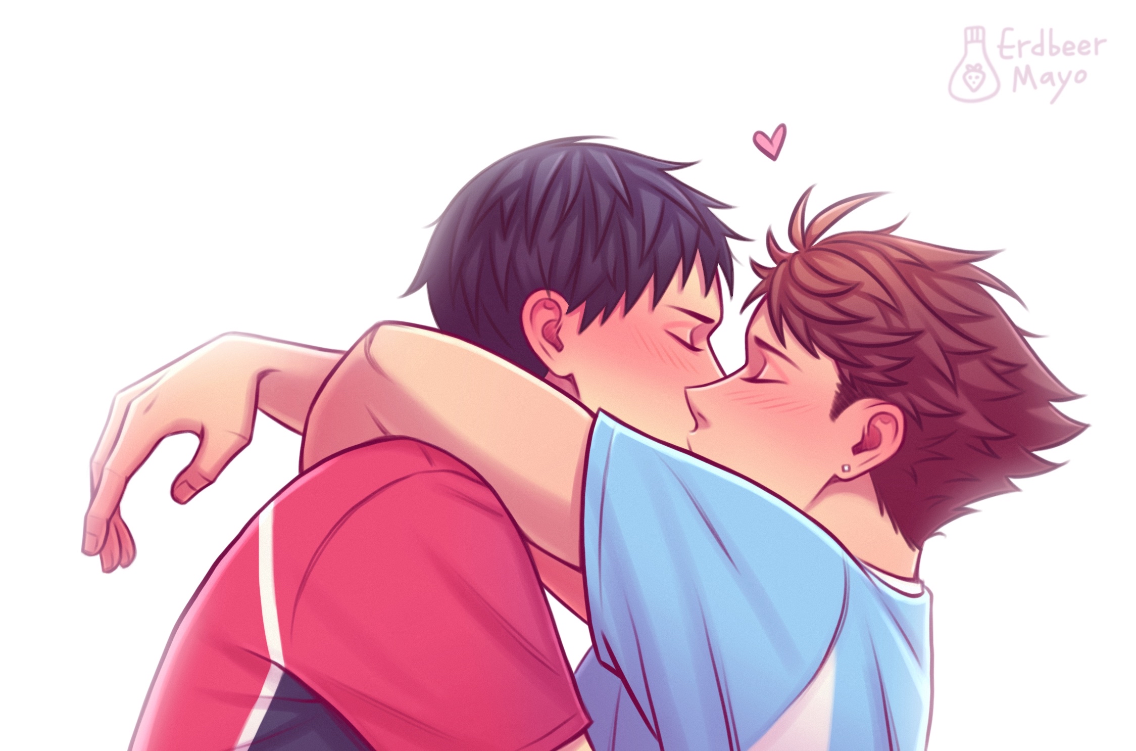 kageyama tobio, oikawa tooru (haikyuu!!), haikyuu!!, commentary, english commentary, highres, 2boys, arms around neck, artist name, black hair, blush, brown hair, closed eyes, earrings, erdbeermayohq, fingernails, from side, heart, jewelry, kiss, male focus, multiple boys, piercing, profile, red shirt, shirt, short sideburns, short sleeves, simple background, stud earrings, two-tone shirt, upper body, white background, yaoi