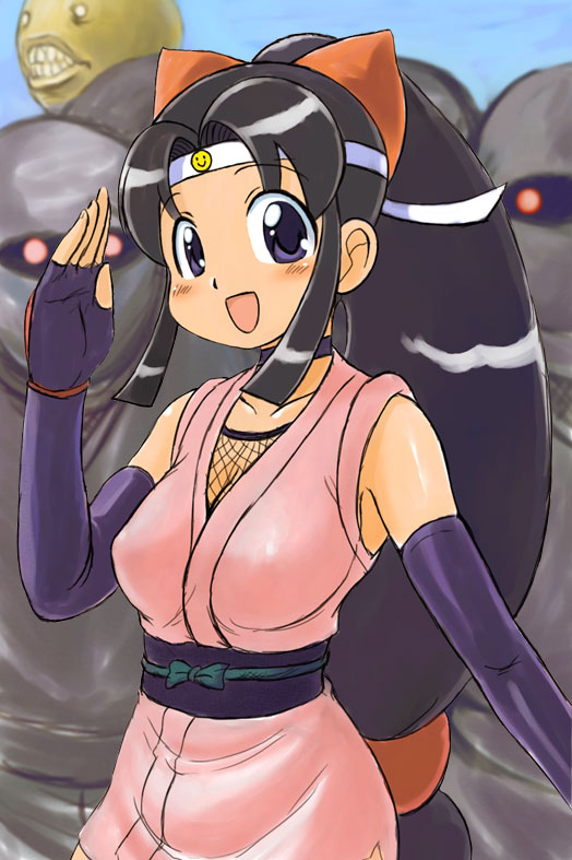 shinobu (ninin ga shinobuden), ninin ga shinobuden, 00s, 1girl, armor, blunt bangs, choker, female focus, fingerless gloves, fishnets, gloves, hairband, happy, headband, japanese clothes, kimono, long hair, low-tied long hair, ninja, obi, open mouth, salute, sash, short kimono, smiley face, solo