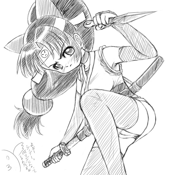 onsokumaru, shinobu (ninin ga shinobuden), ninin ga shinobuden, 00s, 1girl, blunt bangs, choker, female focus, fingerless gloves, fishnets, gloves, greyscale, hairband, headband, japanese clothes, katana, kimono, kunai, long hair, low-tied long hair, miniskirt, monochrome, ninja, obi, panties, sash, short kimono, skirt, smiley face, solo, sword, thighhighs, underwear, weapon