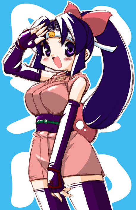 shinobu (ninin ga shinobuden), ninin ga shinobuden, 00s, 1girl, blunt bangs, choker, female focus, fingerless gloves, fishnets, gloves, headband, japanese clothes, kimono, long hair, low-tied long hair, ninja, obi, purple thighhighs, salute, sash, short kimono, smiley face, solo, thighhighs