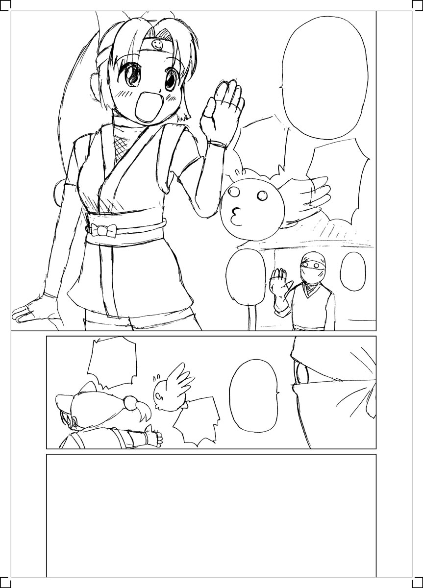 onsokumaru, shinobu (ninin ga shinobuden), ninin ga shinobuden, highres, 00s, blunt bangs, choker, comic, fingerless gloves, fishnets, gloves, greyscale, headband, japanese clothes, kimono, long hair, monochrome, ninja, o3o, obi, open mouth, sash, short kimono, sketch, smiley face, thighhighs