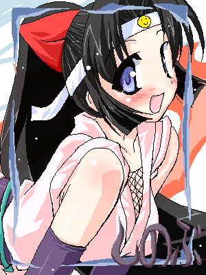shinobu (ninin ga shinobuden), ninin ga shinobuden, lowres, 00s, 1girl, blunt bangs, breasts, choker, cleavage, female focus, fingerless gloves, fishnet top, fishnets, gloves, headband, japanese clothes, kimono, ninja, obi, oekaki, sash, short kimono, smiley face, solo