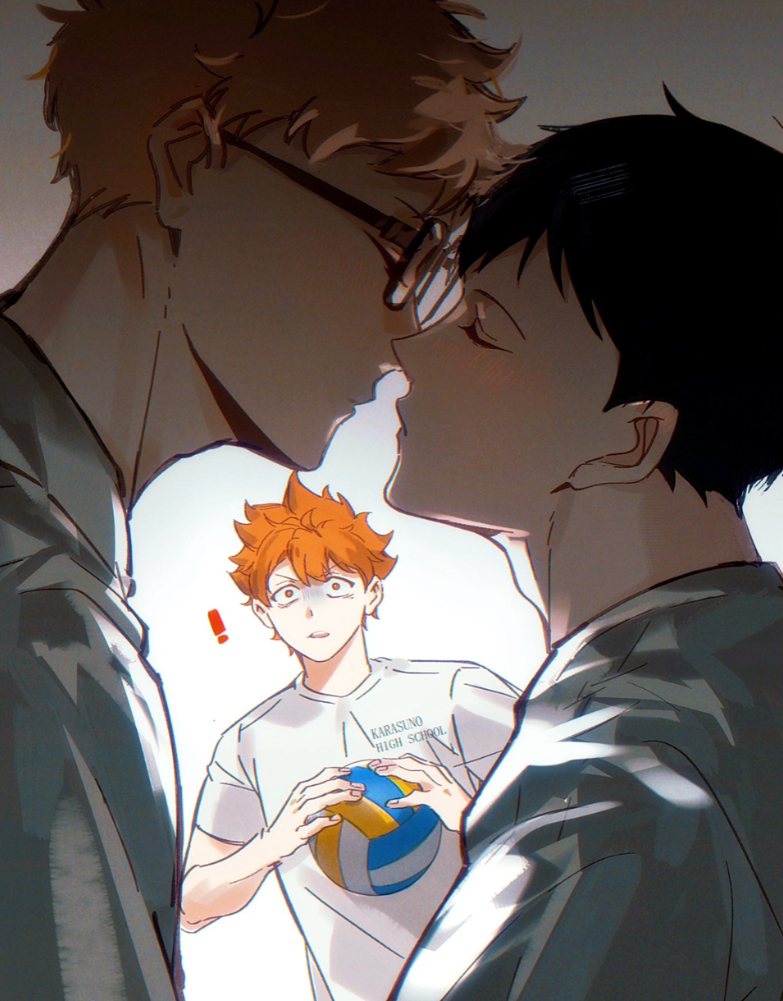 cris axiomatic, hinata shouyou, kageyama tobio, tsukishima kei, haikyuu!!, commentary, highres, !, 3boys, adam's apple, ball, black-framed eyewear, black hair, blonde hair, closed eyes, crew neck, double-parted bangs, from side, glasses, hair between eyes, holding, holding ball, imminent kiss, male focus, multiple boys, orange hair, profile, shirt, short sleeves, upper body, volleyball (object), white shirt, wide-eyed, yaoi
