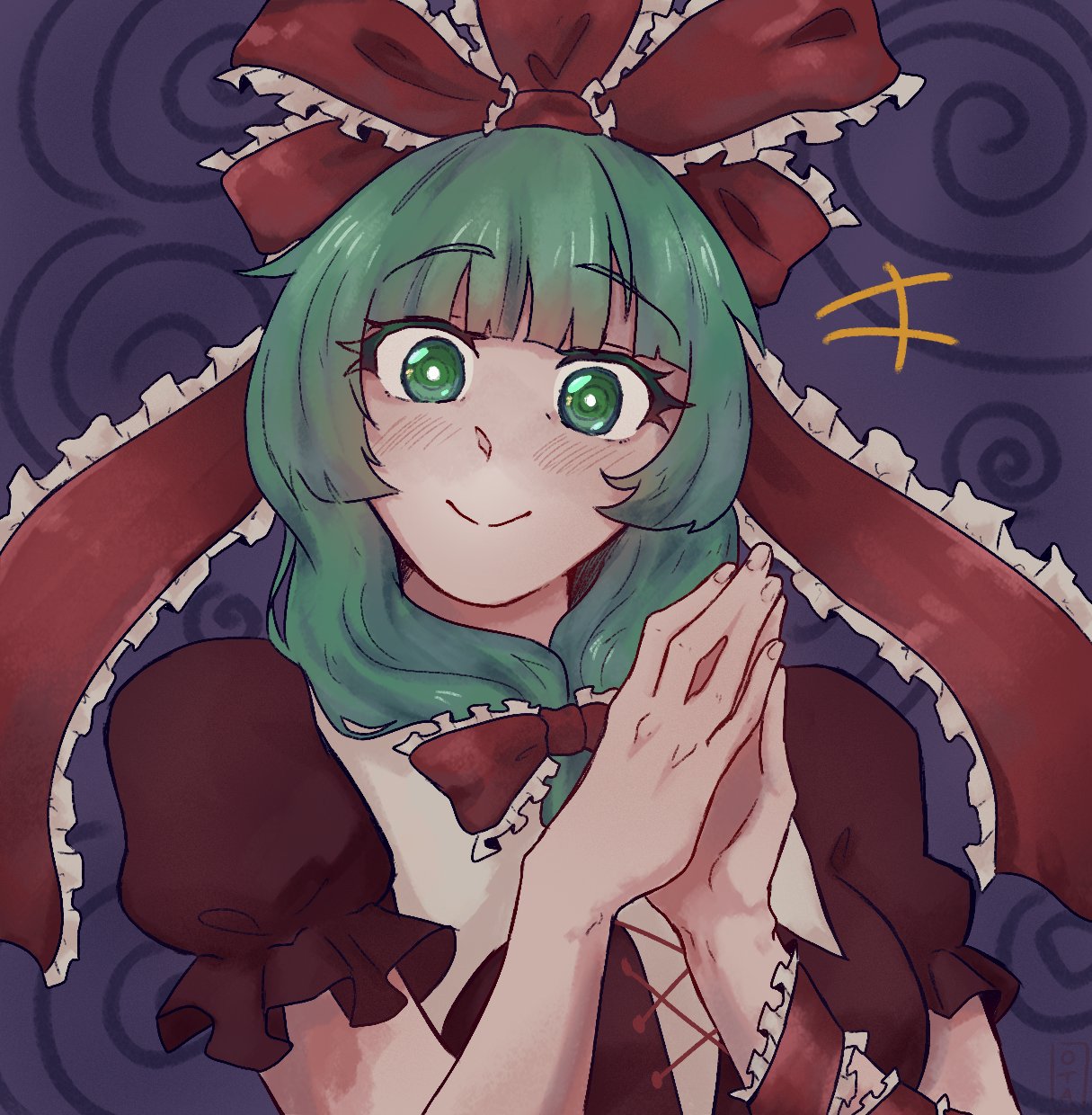 otaeriaaoba, kagiyama hina, touhou, highres, 1girl, blunt bangs, bow, breasts, front ponytail, green eyes, green hair, hair bow, hair ribbon, looking at viewer, red bow, red ribbon, ribbon, smile, solo, upper body
