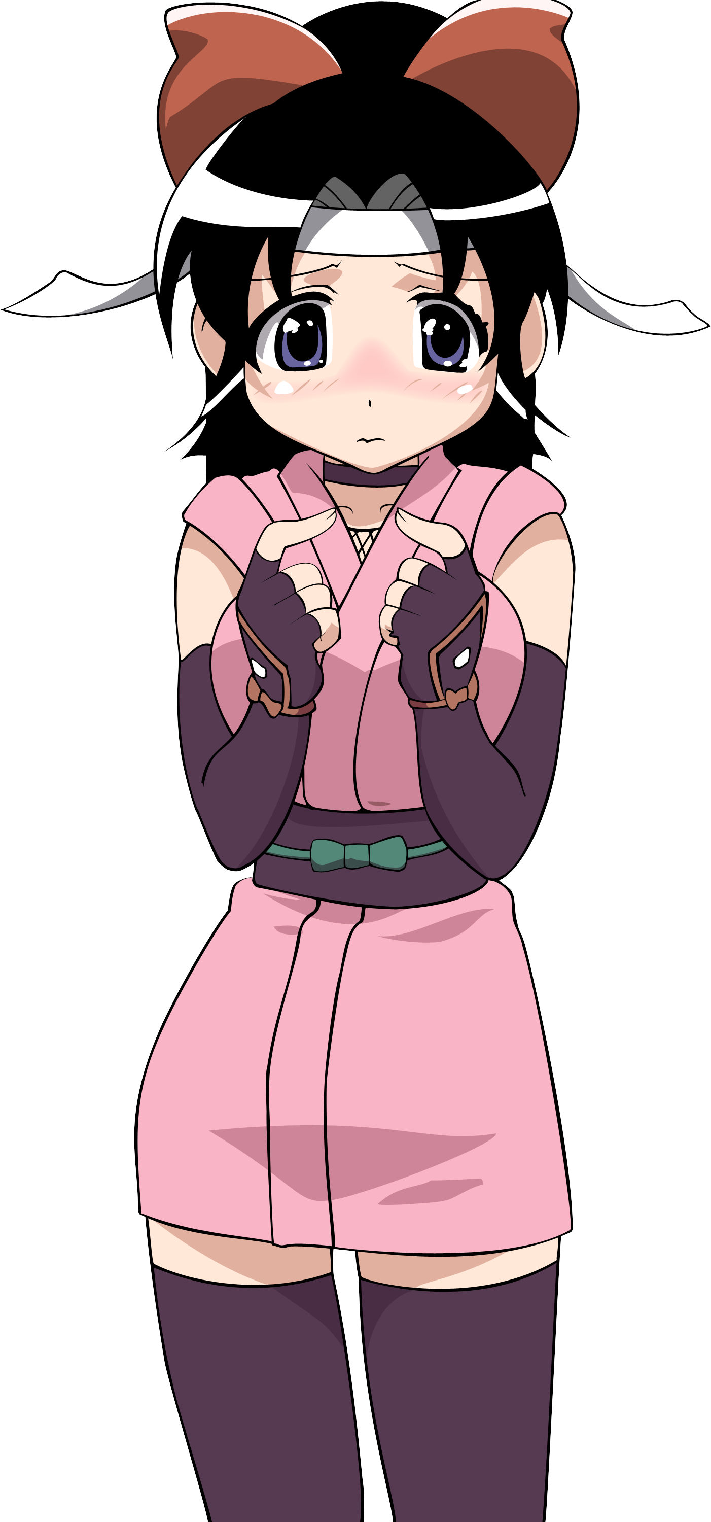shinobu (ninin ga shinobuden), ninin ga shinobuden, absurdres, highres, 00s, 1girl, blunt bangs, blush, choker, female focus, fingerless gloves, fishnets, gloves, headband, japanese clothes, kimono, ninja, obi, purple thighhighs, sash, short kimono, solo, thighhighs, transparent background, zettai ryouiki