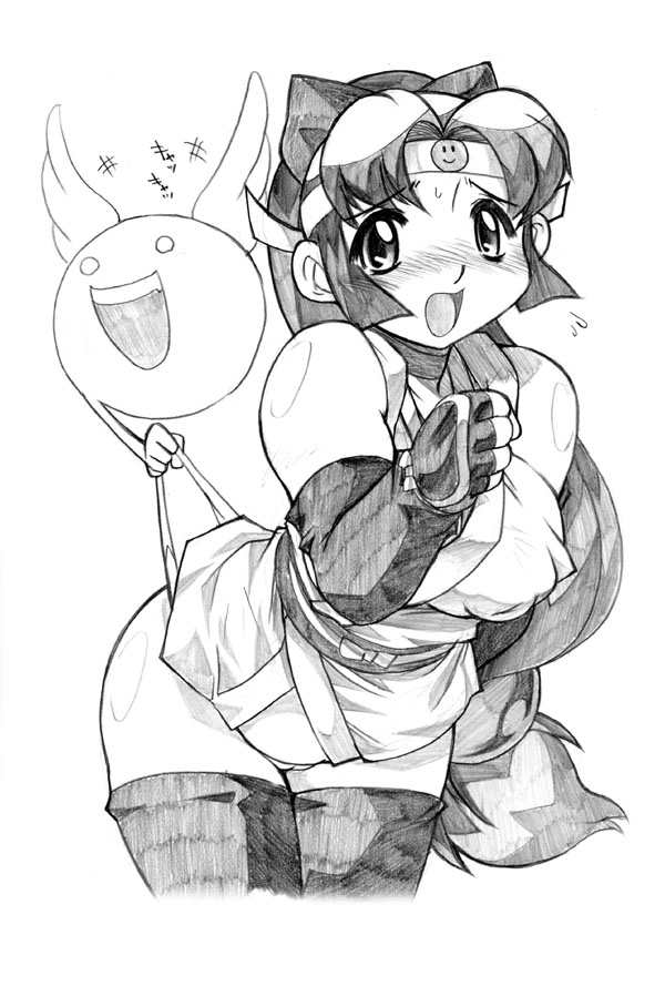 onsokumaru, shinobu (ninin ga shinobuden), ninin ga shinobuden, 00s, 1girl, black thighhighs, blunt bangs, cameltoe, choker, female focus, fingerless gloves, gloves, greyscale, headband, japanese clothes, kimono, long hair, low-tied long hair, monochrome, obi, sash, short kimono, smiley face, solo, thighhighs