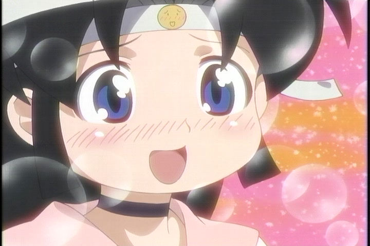 shinobu (ninin ga shinobuden), ninin ga shinobuden, screencap, anime screenshot, 00s, 1girl, black hair, blue eyes, blunt bangs, blush, choker, headband, japanese clothes, kimono, long hair, open mouth, short kimono, smiley face, solo
