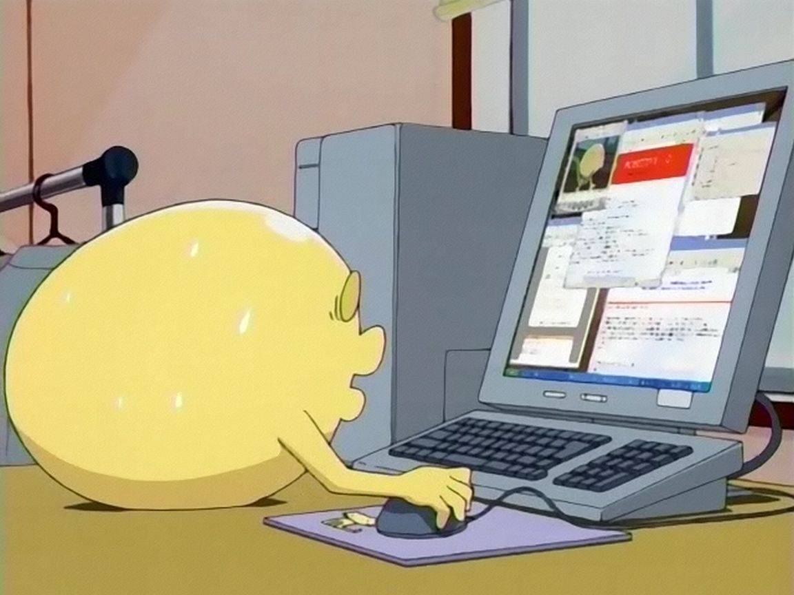 onsokumaru, microsoft windows, ninin ga shinobuden, windows xp, anime screenshot, non-web source, 00s, cable, clothes hanger, computer, computer keyboard, computer tower, full body, indoors, keyboard, monitor, mouse (animal), no humans, solo, sweatdrop, window (computing), yellow eyes