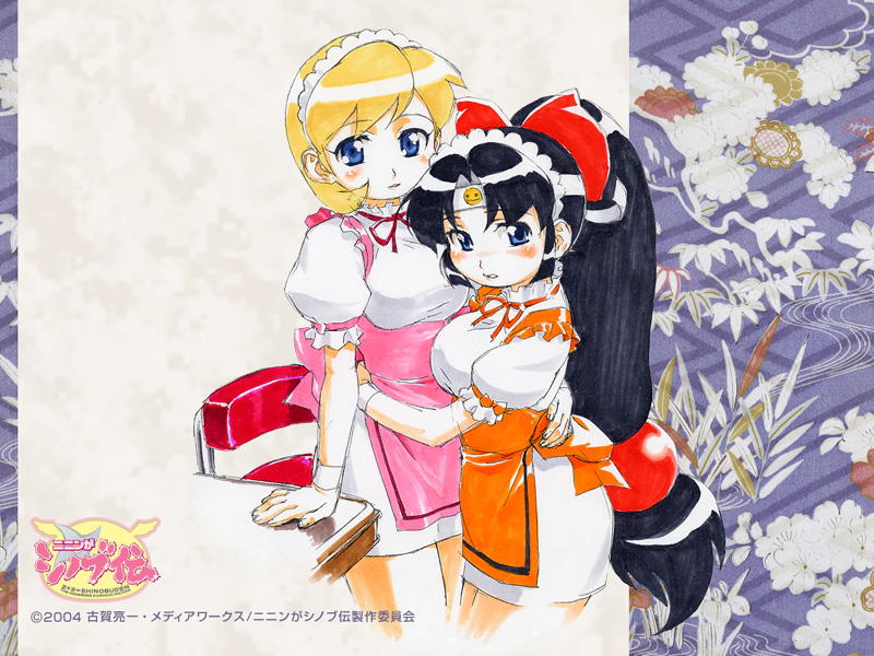 ishikawa hideki, shinobu (ninin ga shinobuden), shiranui kaede, ninin ga shinobuden, 00s, 2004, 2girls, blonde hair, blunt bangs, hairband, headband, long hair, low-tied long hair, multiple girls, smiley face, waitress