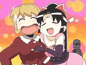 ishikawa hideki, sasuke, shinobu (ninin ga shinobuden), shiranui kaede, ninin ga shinobuden, animated, animated gif, lowres, 00s, 2girls, blonde hair, blunt bangs, blush stickers, breast poke, breasts, fingerless gloves, gloves, happy, headband, japanese clothes, kimono, large breasts, long sleeves, multiple girls, ninja, obi, open mouth, poking, sash, scarf, short kimono, smiley face, sweatdrop, yuri