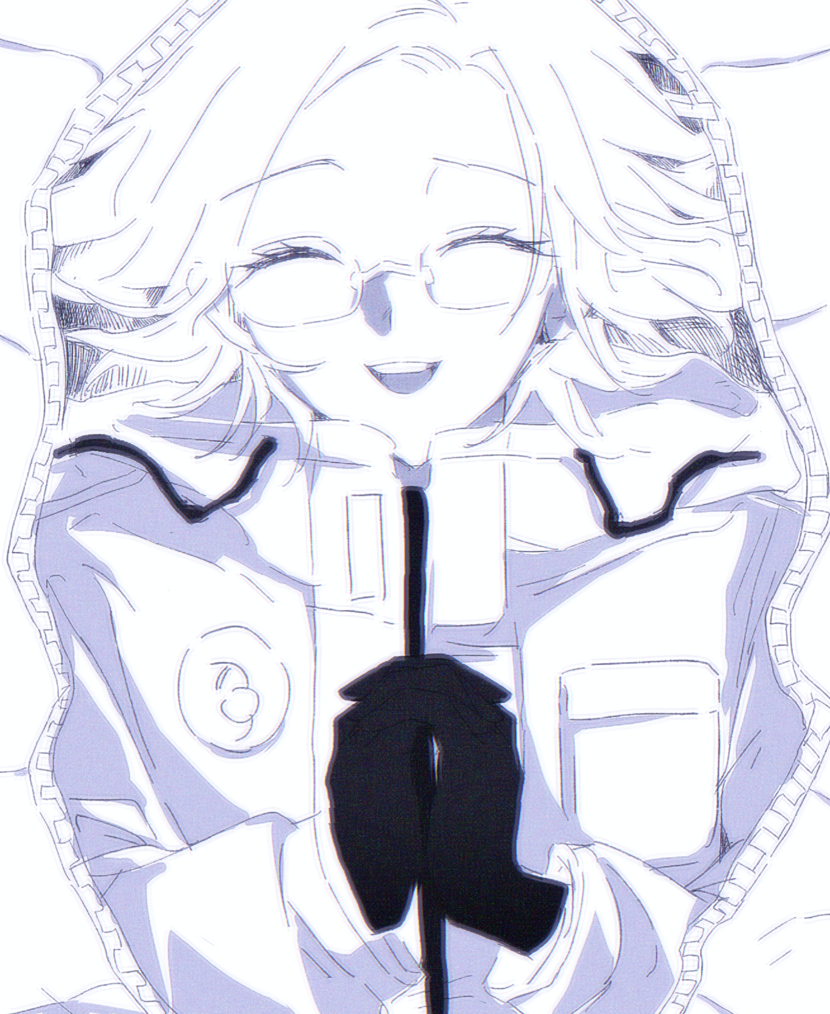 aotsuki eito, the hundred line -last defense academy-, absurdres, chinese commentary, highres, variant set, 1boy, :d, ^ ^, breasts, closed eyes, drawstring, facing viewer, glasses, gloves, greyscale, interlocked fingers, jacket, male focus, monochrome, open mouth, own hands together, shen857620, short hair, smile, solo, teeth, upper teeth only, zipper
