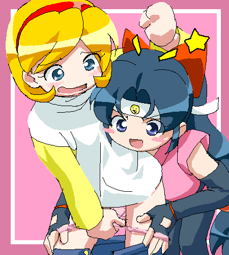 shinobu (ninin ga shinobuden), shiranui kaede, ninin ga shinobuden, lowres, 00s, 2girls, black thighhighs, blunt bangs, blush, blush stickers, bow, clothes pull, elbow gloves, fingerless gloves, gloves, hair bow, hairband, headband, japanese clothes, kimono, long sleeves, multiple girls, ninja, oekaki, panties, panty pull, pink panties, shirt, short kimono, skirt, skirt pull, smiley face, thighhighs, underwear, yuri