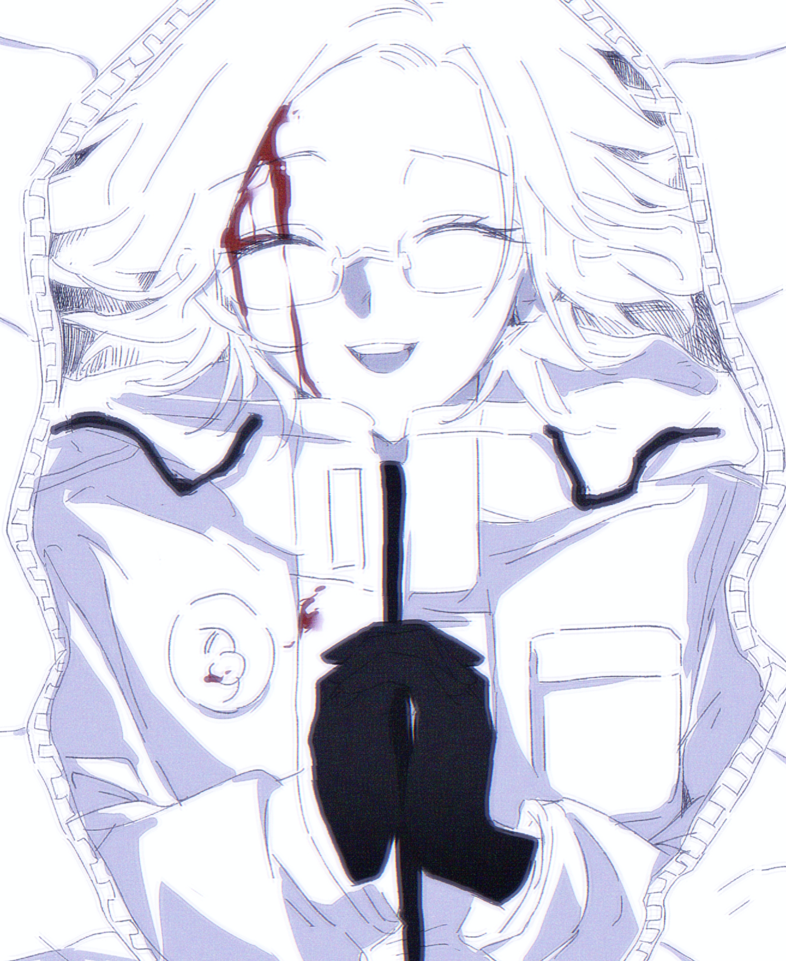 aotsuki eito, the hundred line -last defense academy-, absurdres, chinese commentary, highres, variant set, 1boy, :d, ^ ^, blood from forehead, breasts, closed eyes, drawstring, facing viewer, glasses, gloves, greyscale, interlocked fingers, jacket, male focus, monochrome, open mouth, own hands together, shen857620, short hair, smile, solo, teeth, upper teeth only, zipper