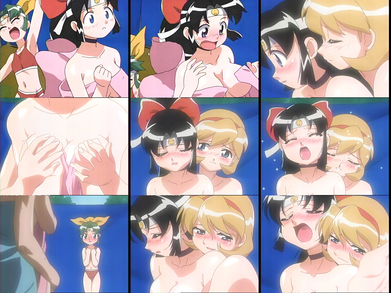 miyabi, shinobu (ninin ga shinobuden), shiranui kaede, ninin ga shinobuden, anime screenshot, 00s, 3girls, armpits, bikini, black hair, blonde hair, blunt bangs, blush, bow, breasts, choker, closed eyes, embarrassed, flat chest, grabbing another's breast, green hair, groping, hair bow, hairband, headband, imagining, large breasts, long hair, midriff, multiple girls, ninja, open mouth, ponytail, short hair, siblings, sisters, smiley face, sports bikini, subtext, swimsuit, tankini, towel, wardrobe malfunction, yuri