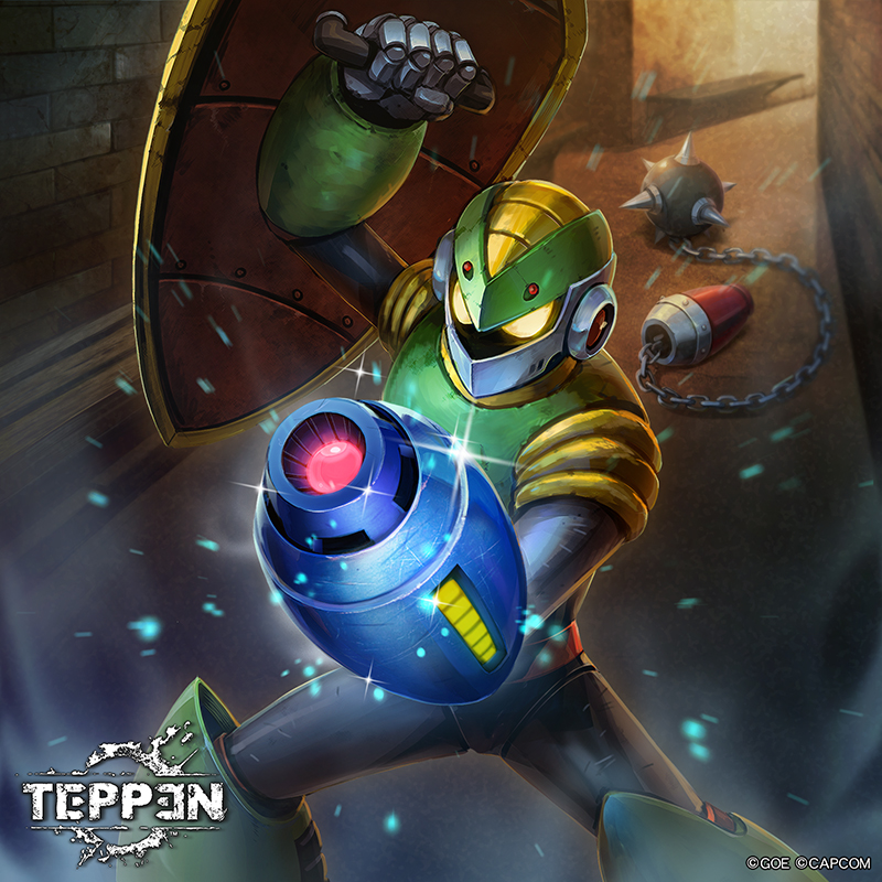 ishida baru, mega man (series), mega man x (series), teppen, commentary request, official art, 1other, aiming, aiming at viewer, android, arm cannon, arm up, armor, ball and chain (weapon), brick wall, company name, copyright logo, copyright name, copyright notice, glint, glowing, glowing eyes, green helmet, helmet, hoganmer (mega man), holding, holding shield, logo, looking at viewer, other focus, shield, solo, spike ball, spiked ball and chain, standing, weapon