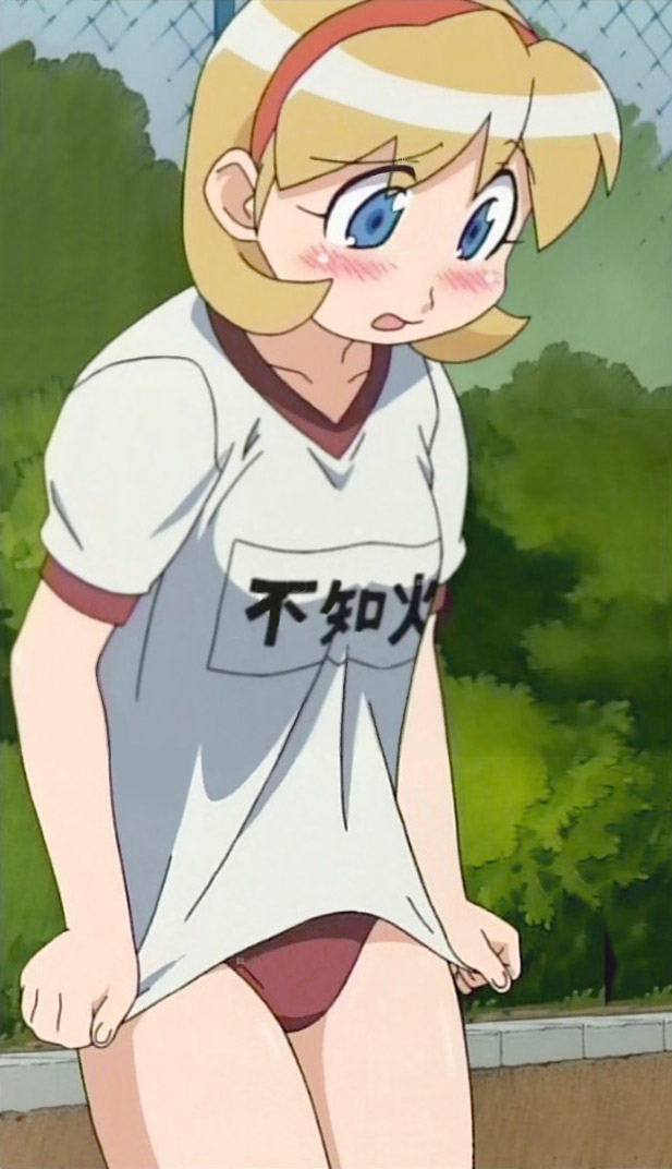 ishikawa hideki, tamura hideki, shiranui kaede, ninin ga shinobuden, anime screenshot, 00s, 1girl, blonde hair, blue eyes, blush, buruma, female focus, gym uniform, hairband, name tag, shirt tug, short hair, solo