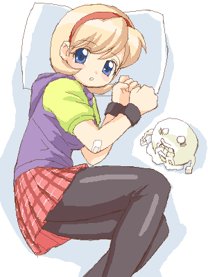onsokumaru, shiranui kaede, ninin ga shinobuden, lowres, 00s, 1girl, bdsm, blonde hair, bondage, bound, cuffs, female focus, hairband, handcuffs, miniskirt, multicolored shirt, pantyhose, skirt, solo, sweater, sweater vest, vest