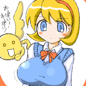 miyata gakuman, onsokumaru, shiranui kaede, ninin ga shinobuden, lowres, 00s, 1girl, blonde hair, blue eyes, breasts, female focus, head wings, huge breasts, short hair, solo, wings