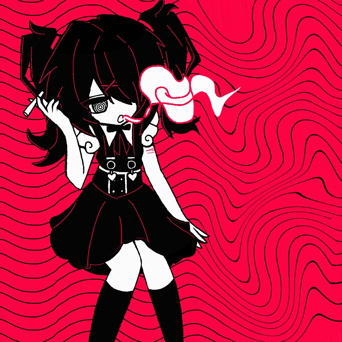 ame-chan (needy girl overdose), needy girl overdose, hashtag-only commentary, highres, 1girl, @ @, abstract background, bad anatomy, bad hands, black hair, black leggings, chuumiiii, cigarette, feet out of frame, hair ornament, hair over one eye, head tilt, holding, holding cigarette, invisible chair, leggings, limited palette, multiple scars, neck ribbon, ribbon, scar, self-harm scar, short twintails, sitting, skirt, smoking, solo, suspender skirt, suspenders, thighhighs, twintails, winged sleeves, x hair ornament, zettai ryouiki