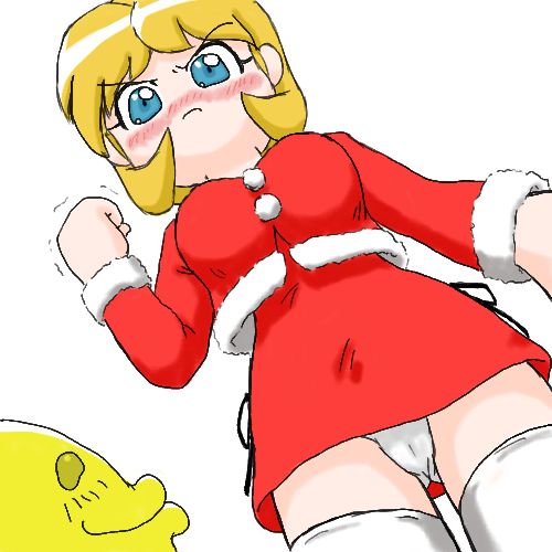 onsokumaru, shiranui kaede, ninin ga shinobuden, lowres, 00s, 1girl, angry, blonde hair, blue eyes, blush, christmas, female focus, from below, panties, pantyshot, santa costume, short hair, solo, standing, thighhighs, underwear, upskirt, white thighhighs