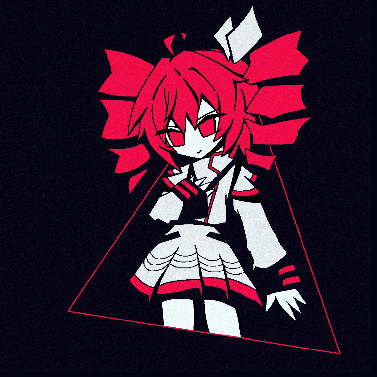 kasane teto, utau, highres, 1girl, ahoge, bad anatomy, bad hands, chuumiiii, cowboy shot, dress, drill hair, hand on own chest, looking at viewer, red eyes, red hair, red trim, smirk, solo, triangle, twin drills, white dress