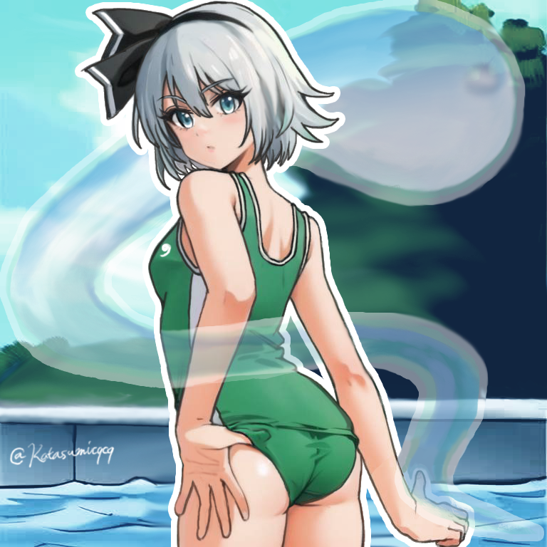 katasumi, konpaku youmu, konpaku youmu (ghost), touhou, 1girl, artist name, ass, black bow, black hairband, bow, bow hairband, from behind, green one-piece swimsuit, hairband, looking at viewer, looking back, one-piece swimsuit, pool, short hair, solo, swimsuit, wading, white hair