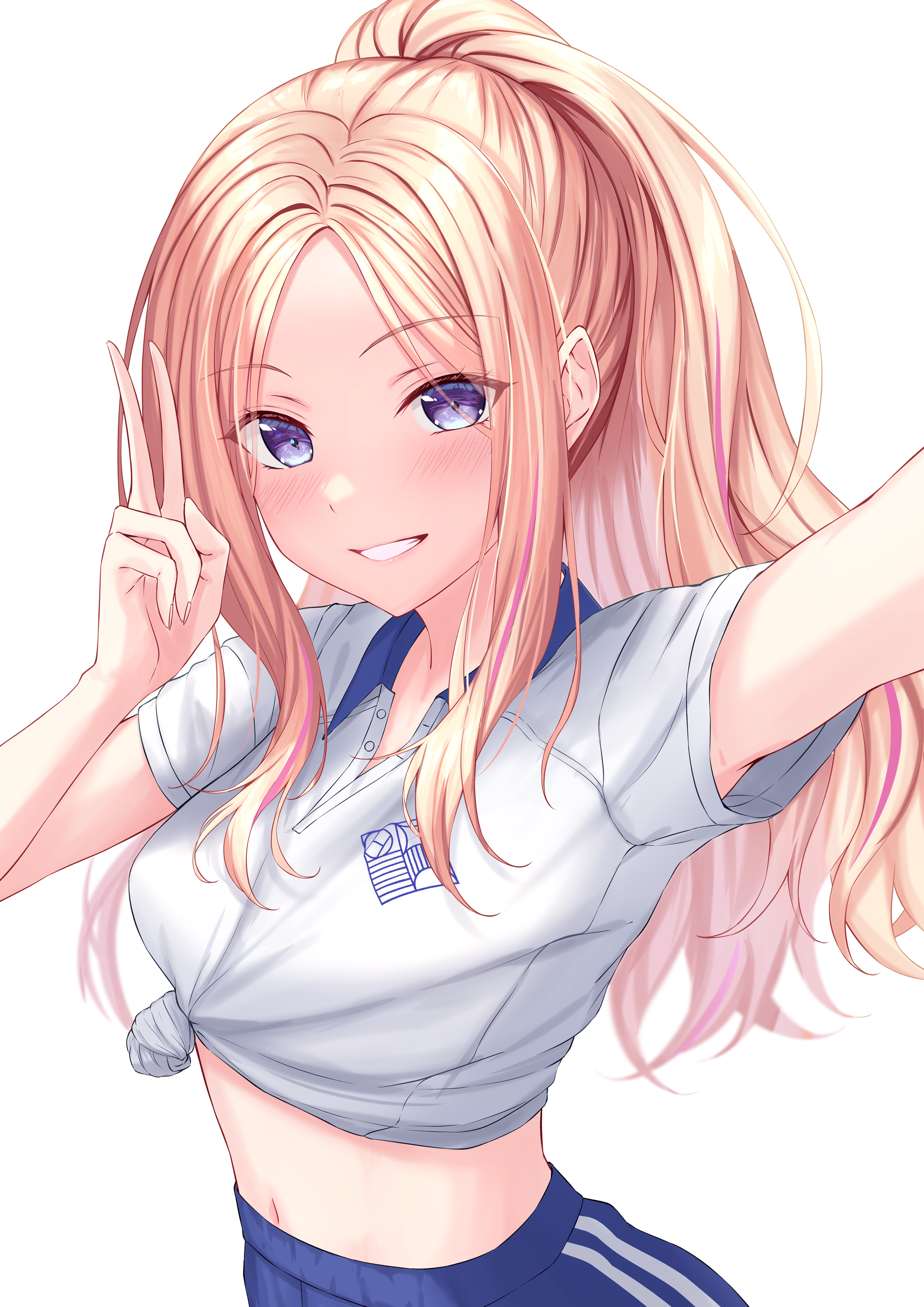 kawato rei, juo sena, gakuen idolmaster, idolmaster, absurdres, commentary, highres, 1girl, arm up, blue collar, blush, collar, contrast collar, fingernails, forehead, gym uniform, long hair, looking at viewer, midriff, multicolored hair, navel, open collar, pink hair, ponytail, purple eyes, shirt, simple background, smile, solo, streaked hair, tied shirt, two-tone hair, v, white background, white shirt