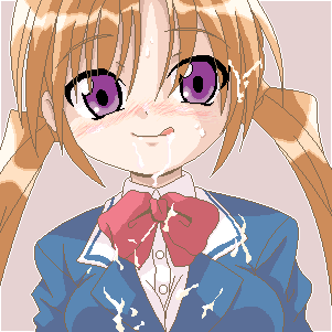 sakuya (sister princess), sister princess, uniform, lowres, 00s, 1girl, :p, blush, bukkake, cum, female focus, purple eyes, solo, tongue, tongue out, twintails