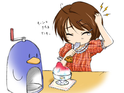 rinrin (sister princess), sister princess, lowres, 00s, 1girl, bear, bird, brain freeze, brown hair, chibi, female focus, food, holding, holding spoon, penguin, shaved ice, solo, spoon