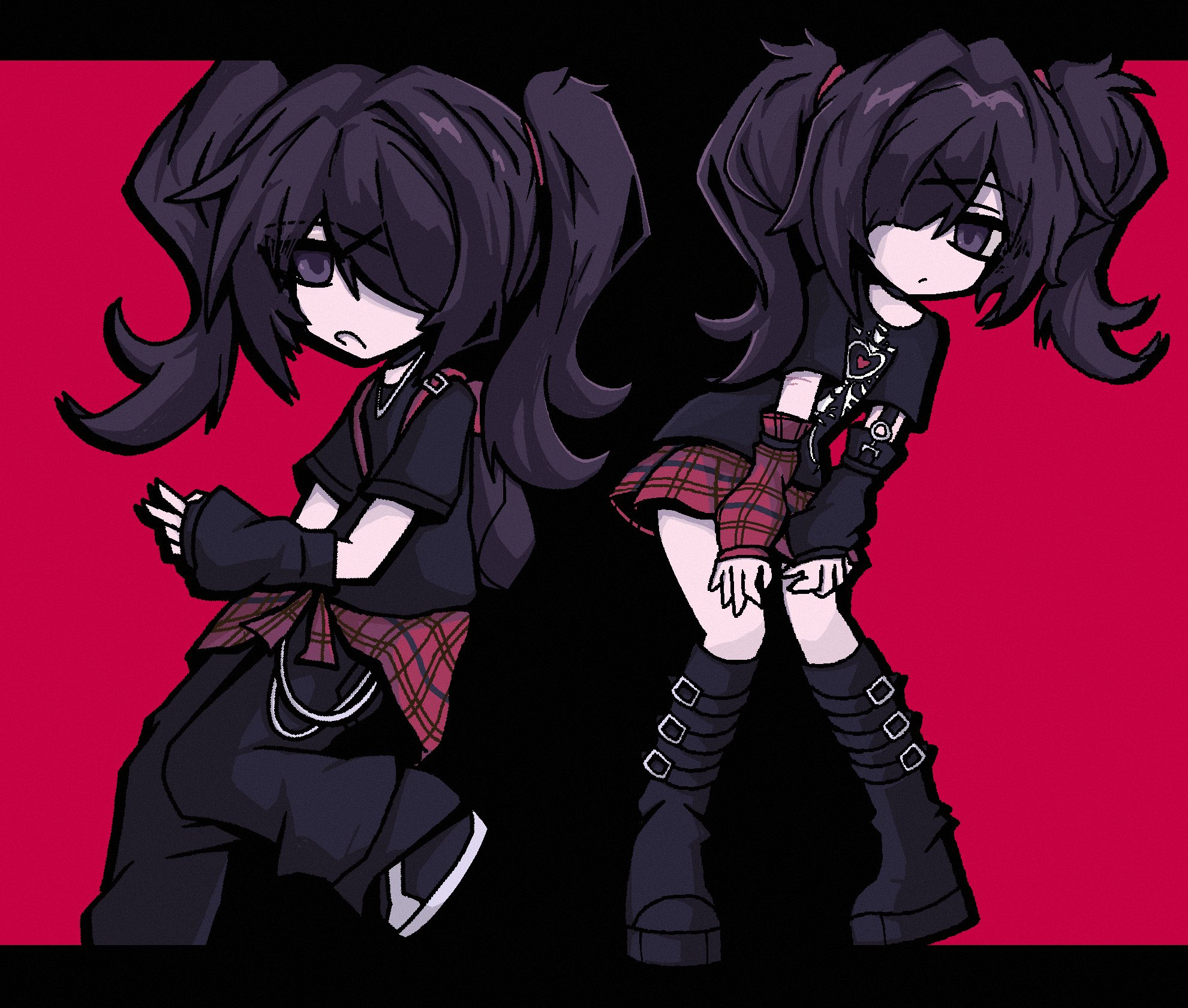ame-chan (emo) (needy girl overdose), ame-chan (needy girl overdose), needy girl overdose, hashtag-only commentary, highres, 1girl, bag, black arm warmers, black eyes, black hair, black shirt, boots, chuumiiii, frown, hair ornament, hair over one eye, hands on own knees, jewelry, knee boots, knees together feet apart, letterboxed, looking at viewer, multiple views, necklace, plaid arm warmers, plaid clothes, plaid skirt, platform boots, shirt, short twintails, shoulder bag, sidelocks, skeleton print, skirt, twintails, v, x hair ornament