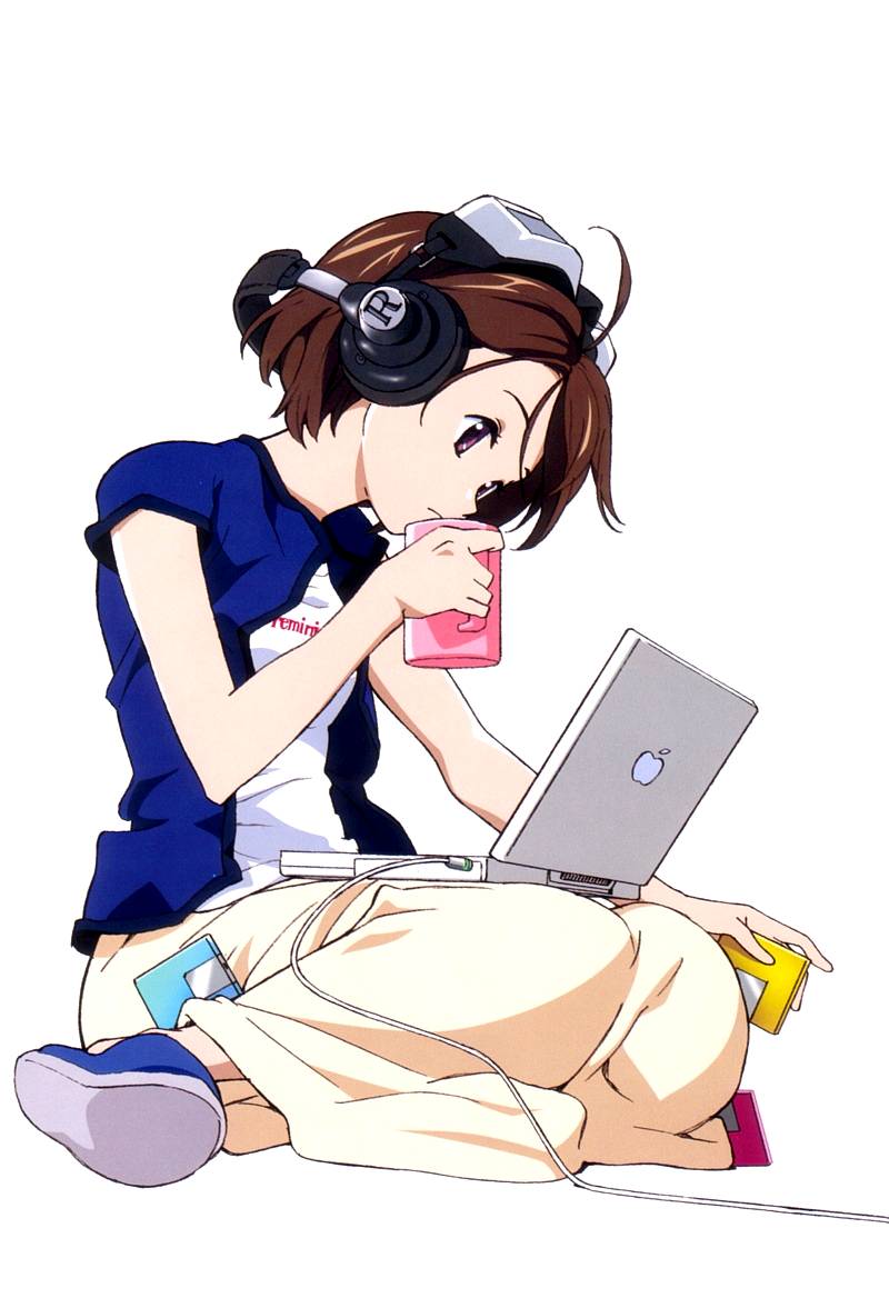 tenhiro naoto, rinrin (sister princess), apple inc., macintosh, sister princess, 00s, 1girl, ahoge, apple, blouse, blue slippers, cable, cardigan, clothes writing, computer, cup, female focus, food, from side, fruit, full body, headphones, invisible chair, laptop, mug, shirt, simple background, sitting, skirt, slippers, solo, swept bangs, white background, white shirt