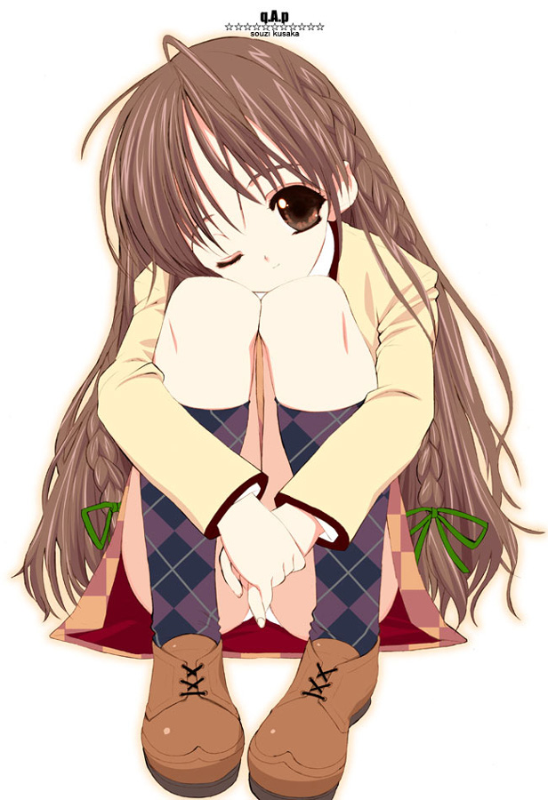 kusaka souji, karen (sister princess), sister princess, 00s, braid, brown eyes, brown hair, hugging own legs, long hair, one eye closed, sitting, socks, solo, twin braids, wink