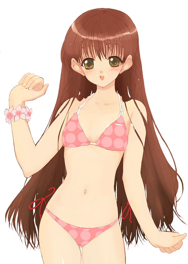 kusaka souji, karen (sister princess), sister princess, 00s, 1girl, bikini, bracelet, brown hair, female focus, flower bracelet, jewelry, long hair, low-tied long hair, pink bikini, solo, swimsuit, very long hair, yellow eyes