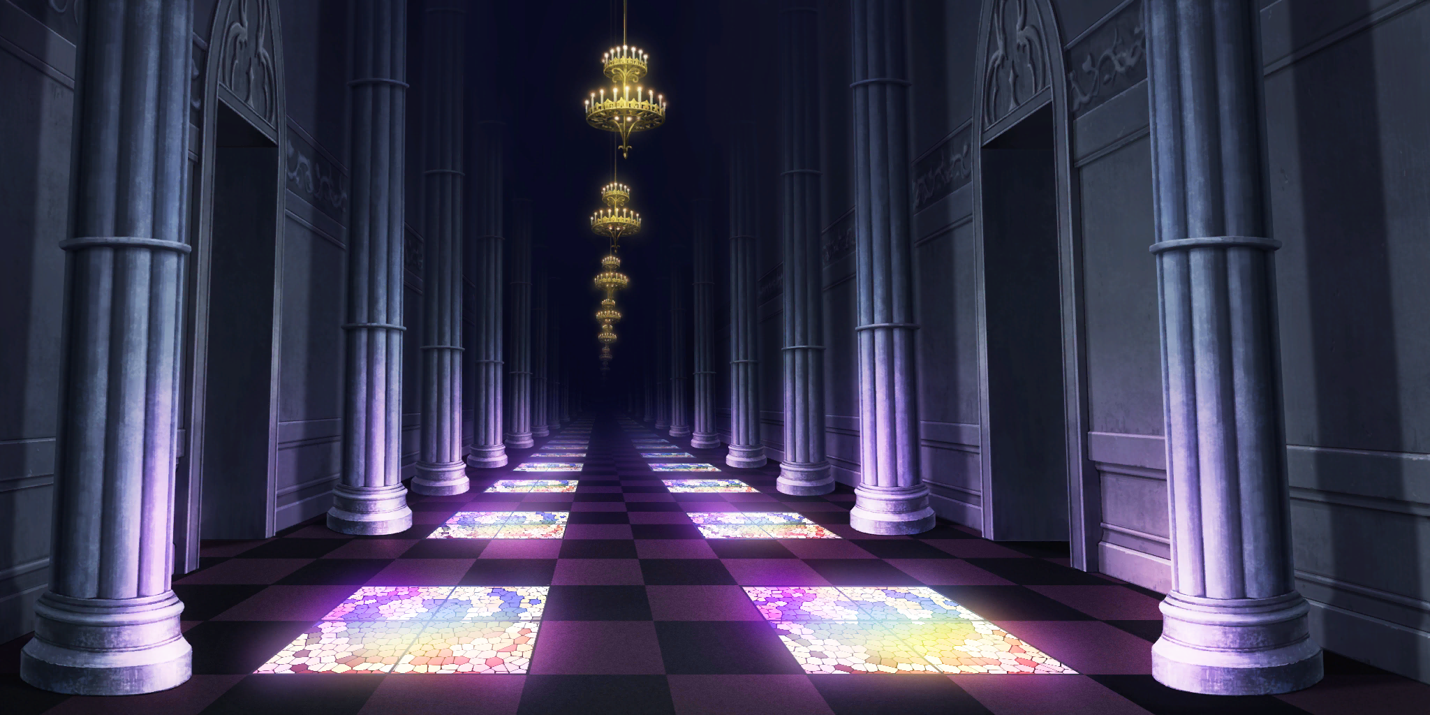 touhou, touhou lostword, artist request, game cg, highres, third-party source, candle, chandelier, checkered floor, chireiden, column, glowing, hallway, indoors, no humans, pillar, scenery, stained glass, vanishing point