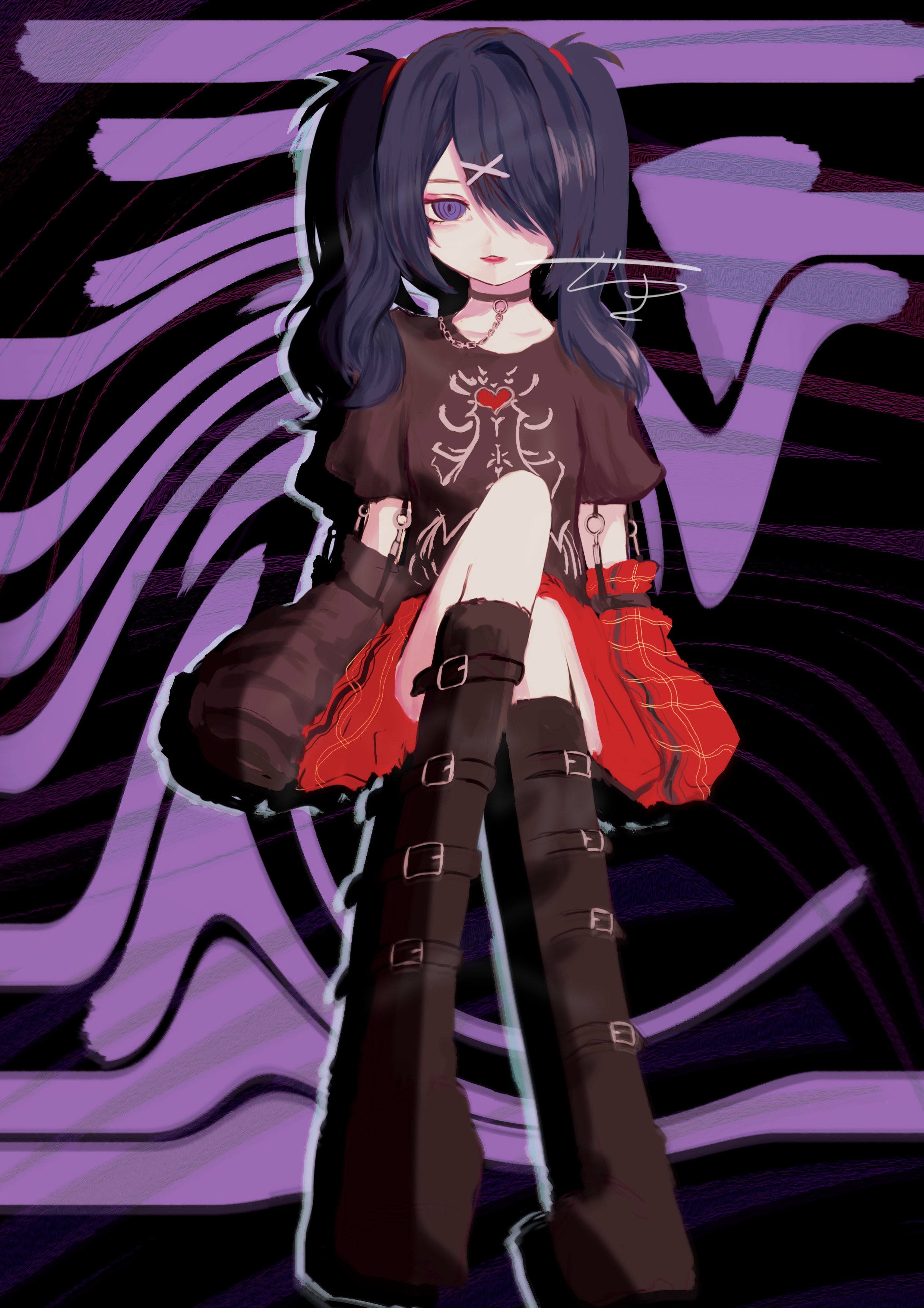 ame-chan (emo) (needy girl overdose), ame-chan (needy girl overdose), needy girl overdose, absurdres, hashtag-only commentary, highres, 1girl, @ @, abstract background, arm belt, black arm warmers, black shirt, boots, full body, hair ornament, hair over one eye, invisible chair, knee boots, looking at viewer, o-ring collar, open mouth, pigeon-toed, plaid arm warmers, plaid clothes, plaid skirt, purple eyes, purple hair, shirt, short twintails, sitting, skeleton print, skirt, smoke, solo, twintails, x hair ornament, yuki tsu