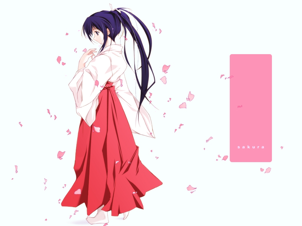 haruka (sister princess), sister princess, 00s, 1girl, female focus, hakama, hakama skirt, japanese clothes, miko, petals, ponytail, profile, red hakama, skirt, solo