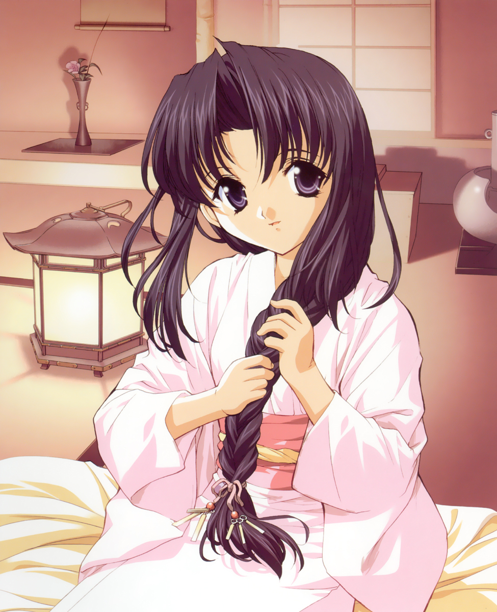 haruka (sister princess), sister princess, highres, 00s, blue hair, braid, braiding hair, flower, futon, hairdressing, holding, holding own hair, japanese clothes, lantern, long hair, shadow, single braid, solo, vase