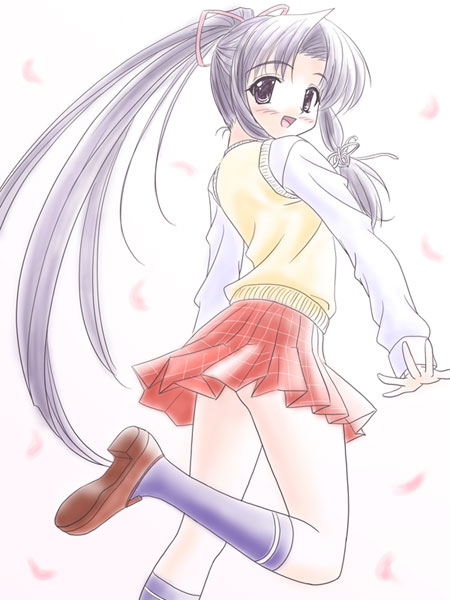 masakichi (crossroad), haruka (sister princess), sister princess, 00s, 1girl, female focus, long hair, petals, ponytail, purple hair, school uniform, solo, very long hair