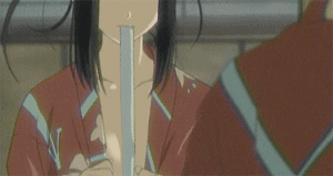 haruka (sister princess), sister princess, animated, animated gif, anime screenshot, lowres, 00s, 1girl, female focus, mouth hold, sarashi, solo, undressing