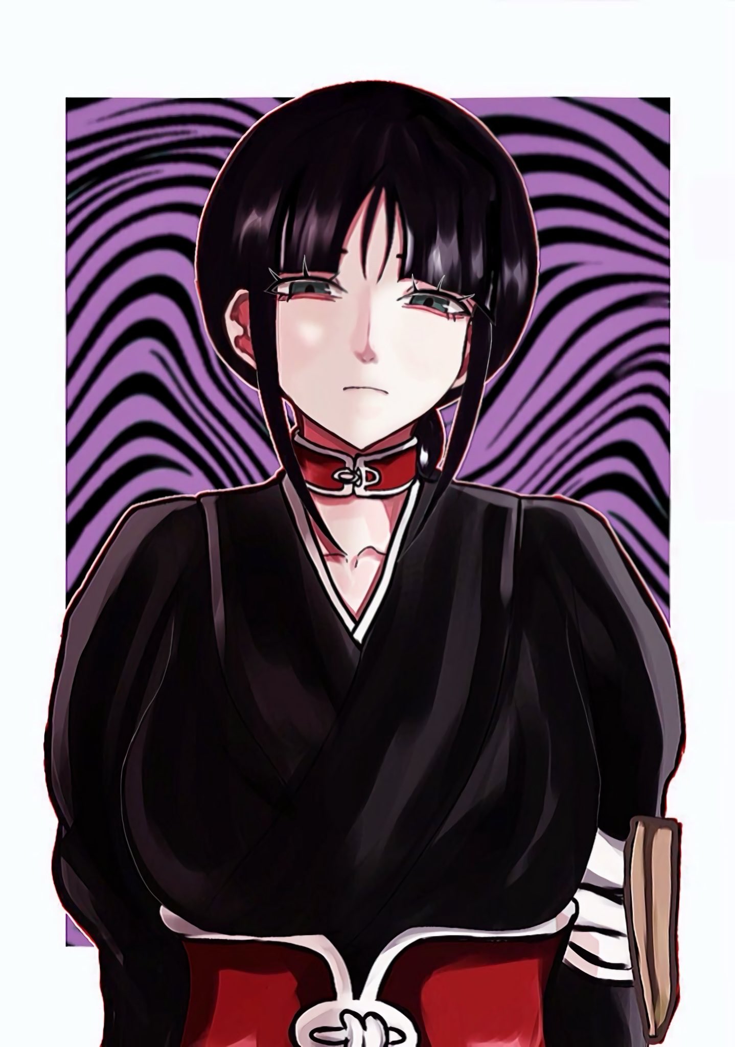 o3ke30, kurotsuchi nemu, bleach, character request, highres, 1girl, black background, black hair, black kimono, border, breasts, collarbone, eyelashes, fanged bangs, grey eyes, japanese clothes, kimono, large breasts, purple background, simple background, solo, upper body, white border