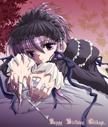 chikage (sister princess), sister princess, lowres, 00s, 1girl, black dress, cross, cross hair ornament, cross necklace, dress, female focus, fingernails, frills, glint, goth fashion, gothic lolita, hair between eyes, hair ornament, hairband, happy birthday, jewelry, lolita fashion, lolita hairband, long hair, long sleeves, looking at viewer, necklace, pendant, purple eyes, purple hair, ring, smile, solo, unworn jewelry, unworn necklace