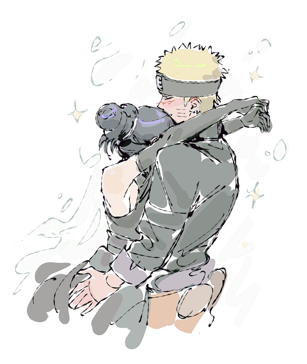 beerenfuchs, hyuuga hinata, uzumaki naruto, naruto: the last, naruto (series), highres, 1boy, 1girl, bare shoulders, black dress, black hair, black jacket, blonde hair, blush, couple, cowboy shot, dress, facial mark, hair bun, hetero, hug, jacket, orange pants, pants, whisker markings